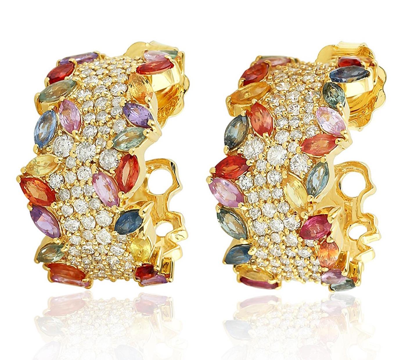 Multi-cut Rainbow Sapphire Diamond Hoop Earrings