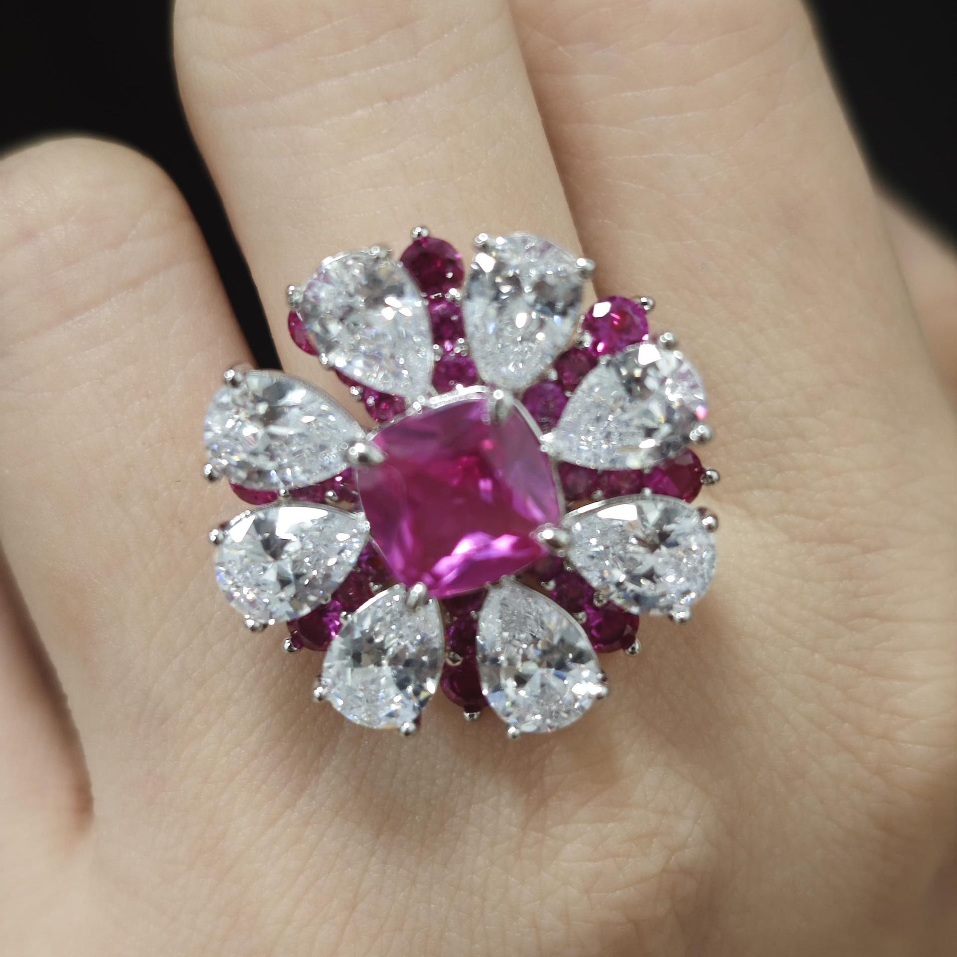 4ct Cushion Cut Ruby Sapphire Halo Flower Engagement Ring