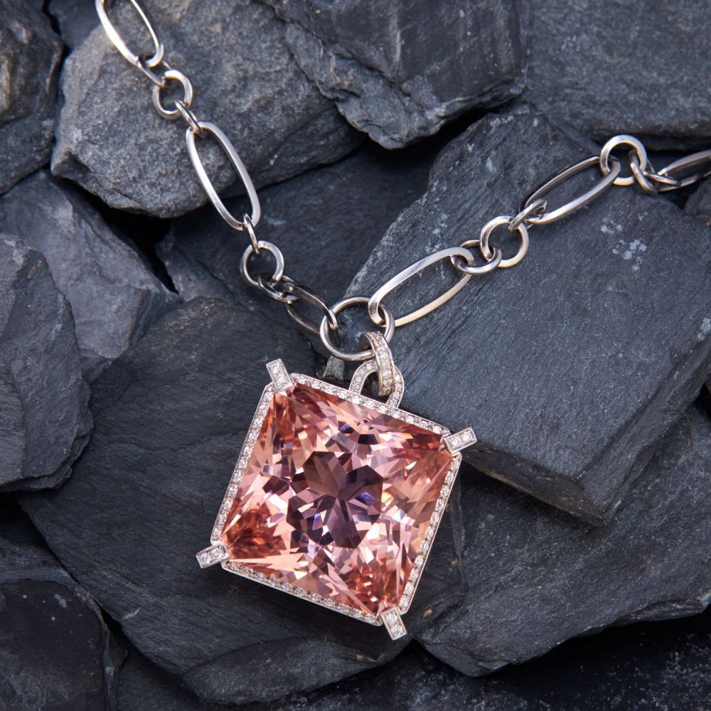 Halo Radiant Cut Morganite Pendant Necklace