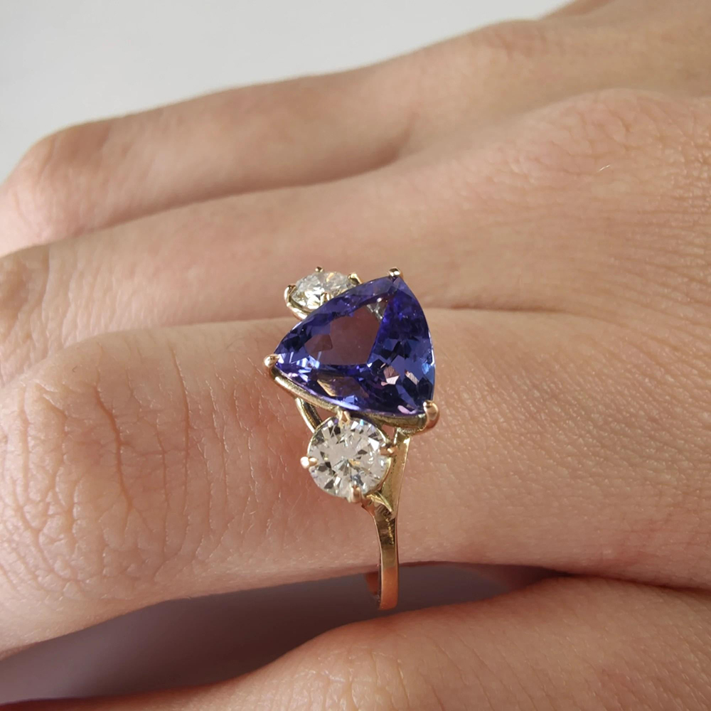 Three Stone 3ct Triangle Cut Tanzanite Sapphire Engagement Ring