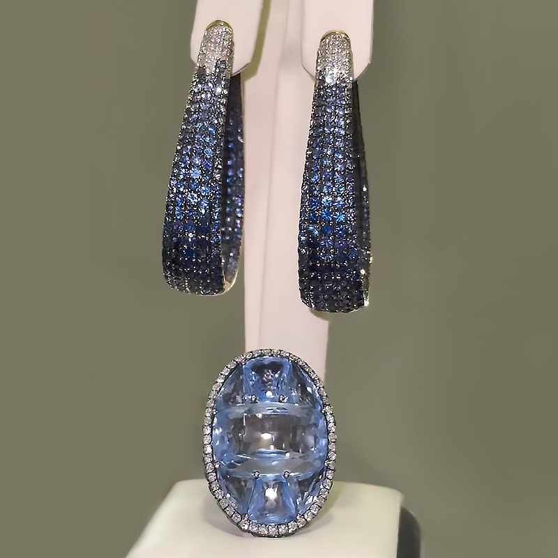 Gradient Sapphire Earrings And Aquamarine Ring Jewelry Set