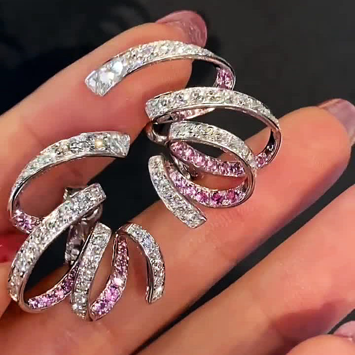 Round Cut White&Pink Sapphire Swirl Ruban Design Earrings