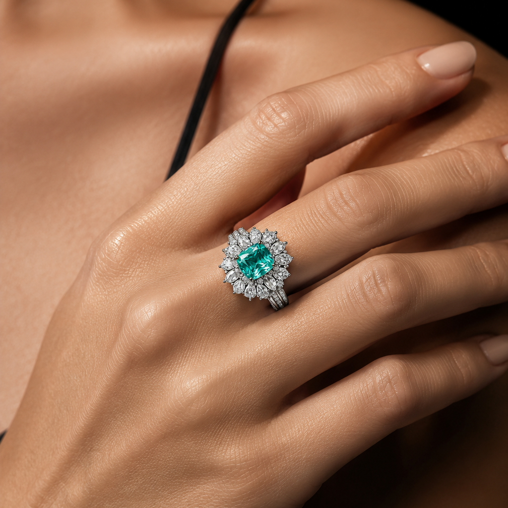 Original Design - Cushion Cut Paraiba Bluish & White Moissanite Engagement Ring