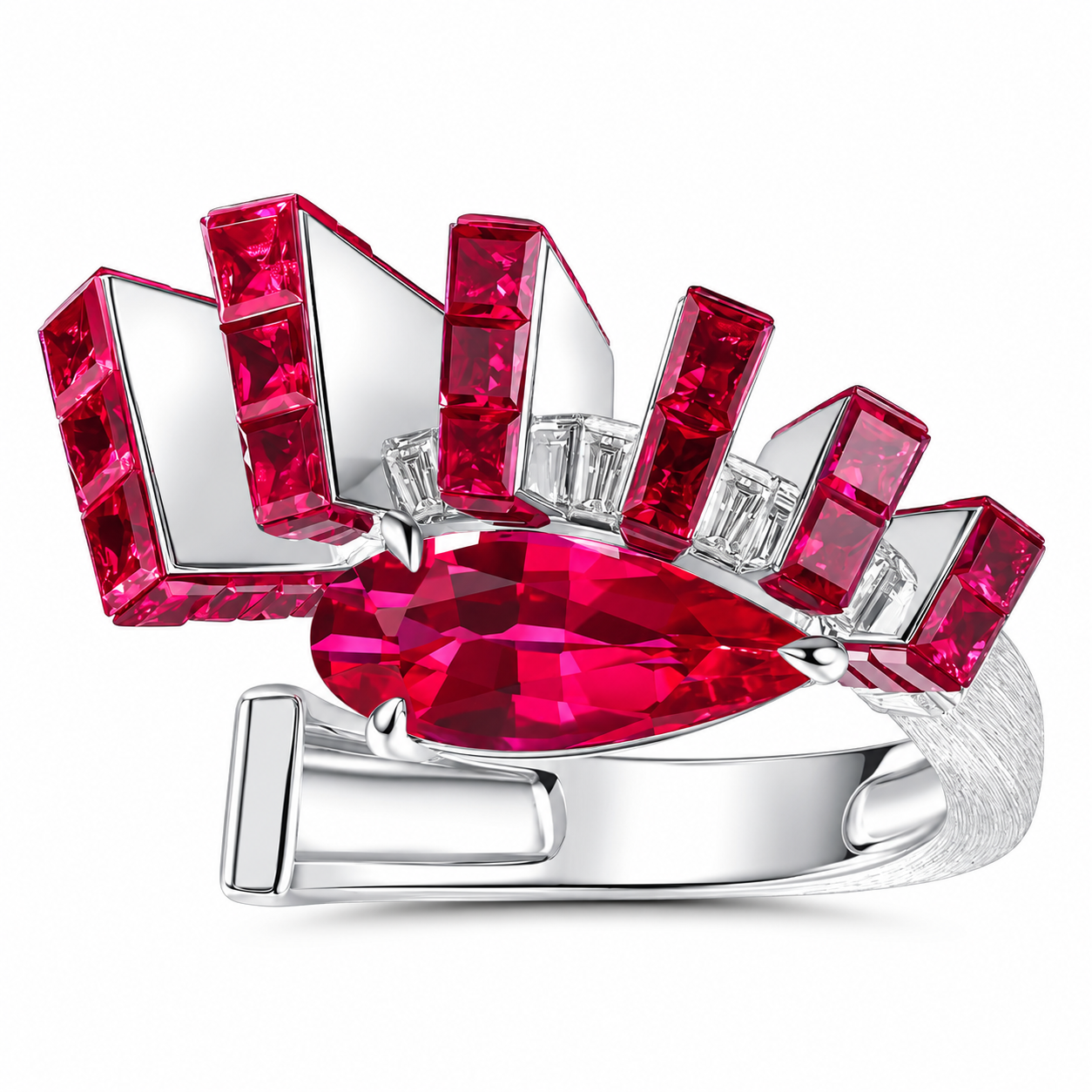 Art Deco Ruby Red Pear Cut Geometric Crown Statement Ring