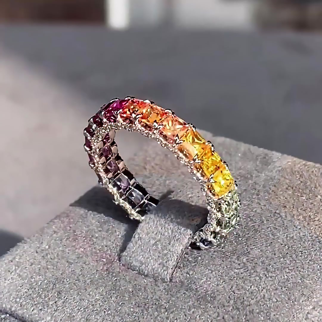 5.25ct Princess Cut Rainbow Sapphire Eternity Ring