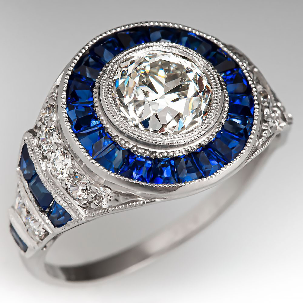 2.5ct Old European Cut Blue Sapphire Engagement Ring