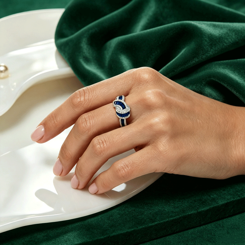 Fashion 7.25ctw Baguette Cut Blue & Round Cut White Sapphire Tight Knot Wedding Band