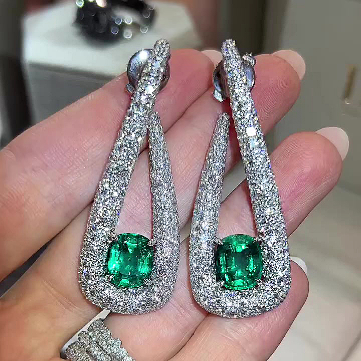 Cushion Cut Emerald Sapphire Drop Earrings