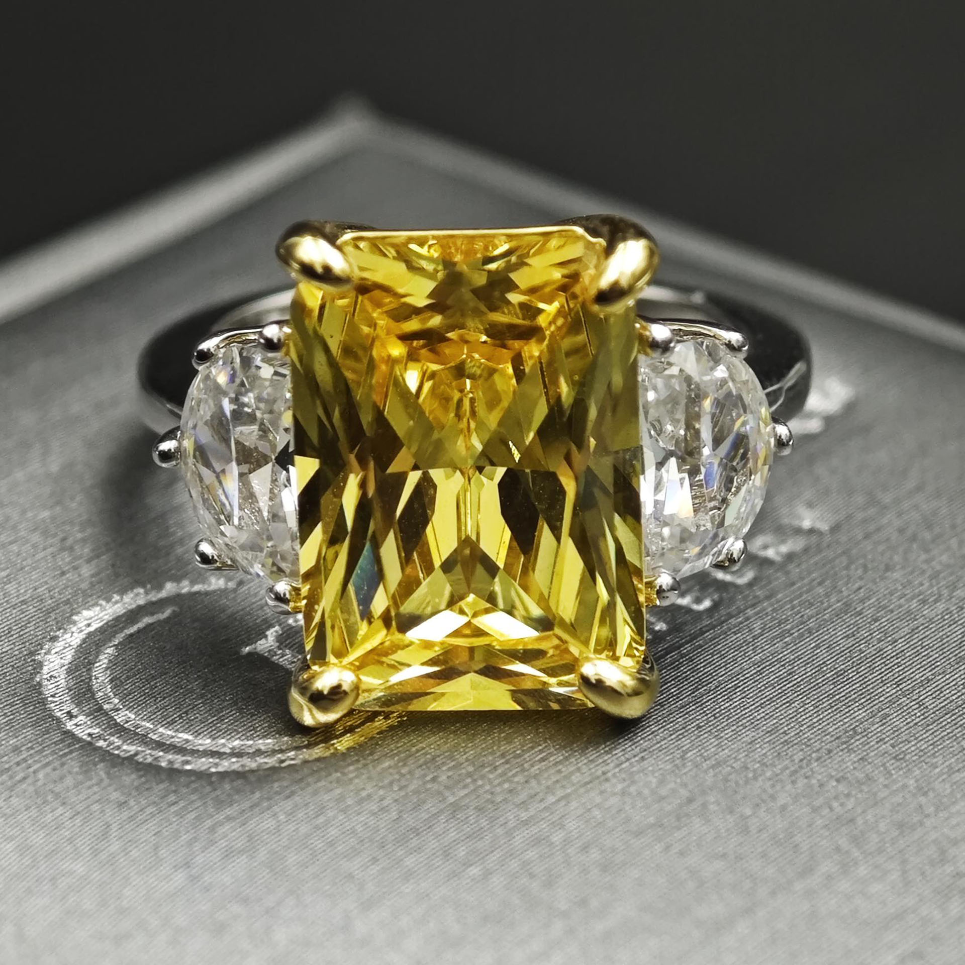 7ct Three-stone Radiant Cut Yellow Sapphire Engagement Ring