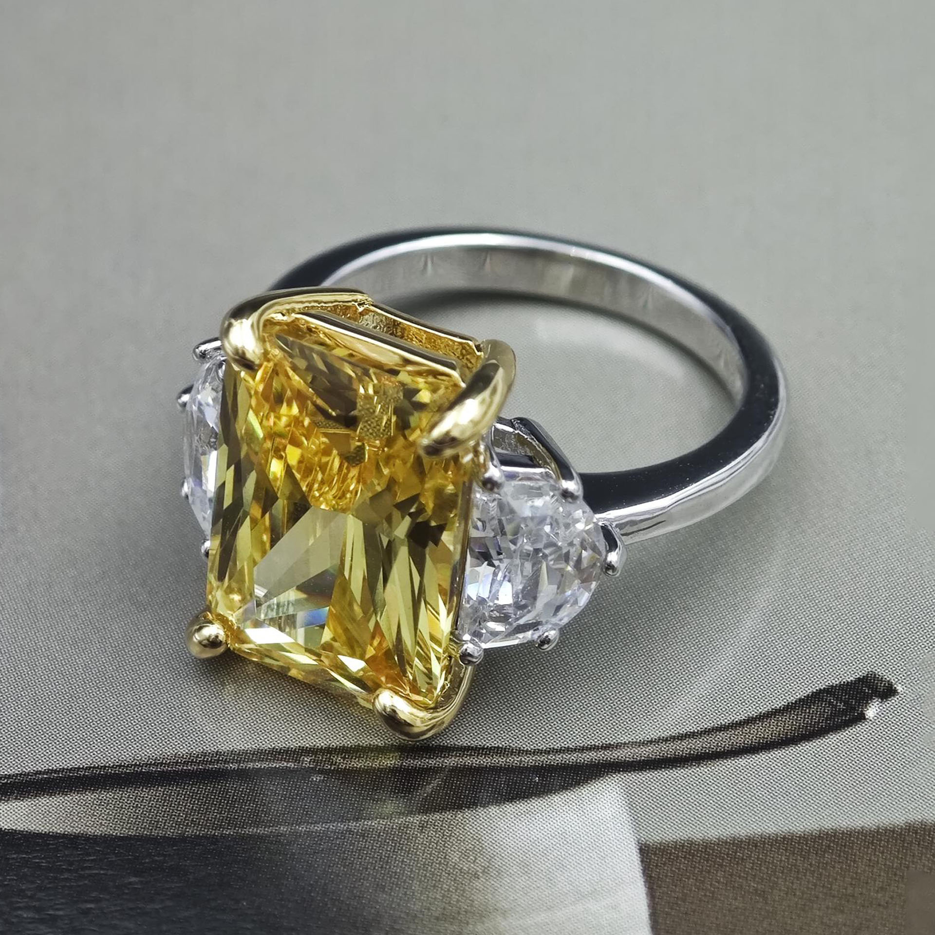 7ct Three-stone Radiant Cut Yellow Sapphire Engagement Ring