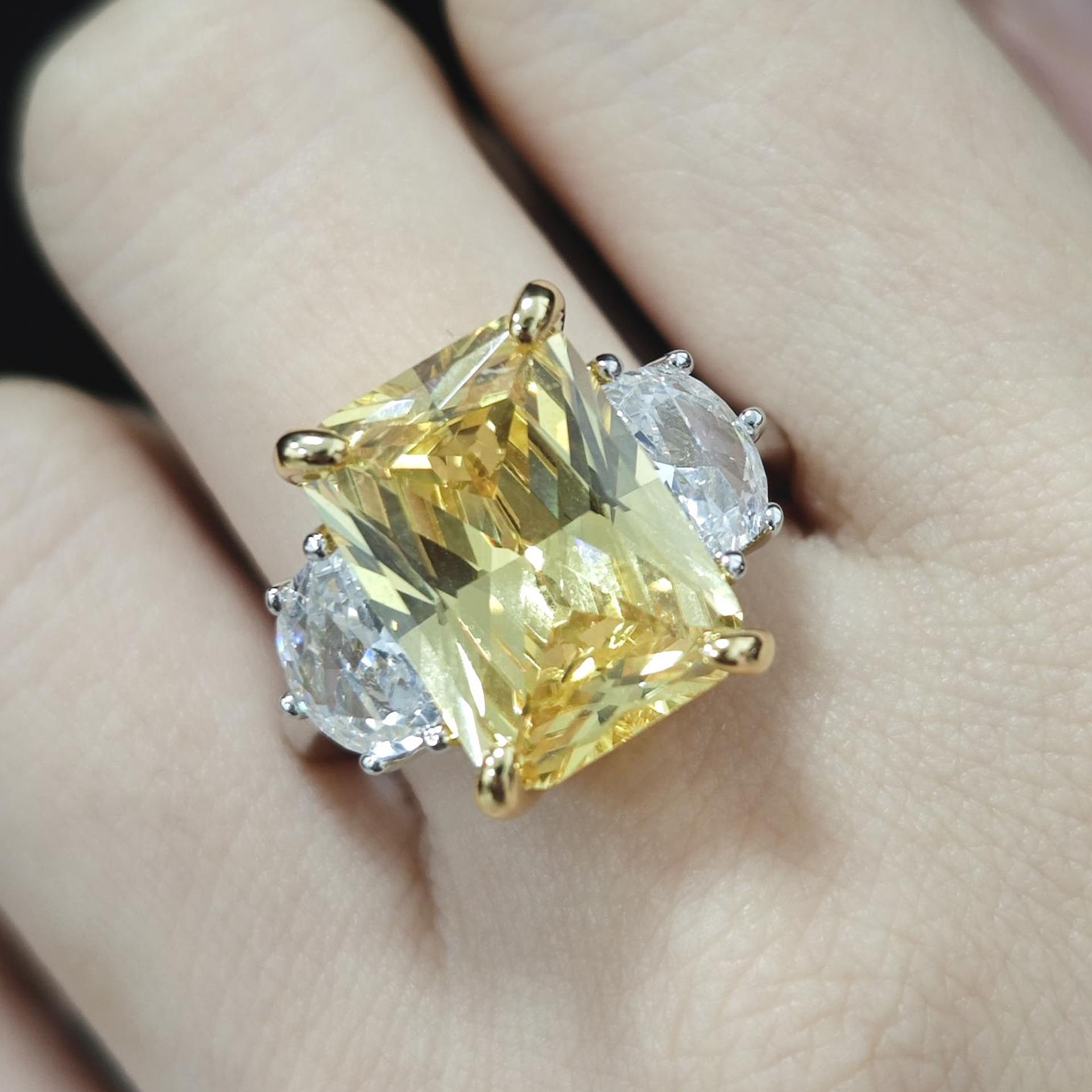 7ct Three-stone Radiant Cut Yellow Sapphire Engagement Ring