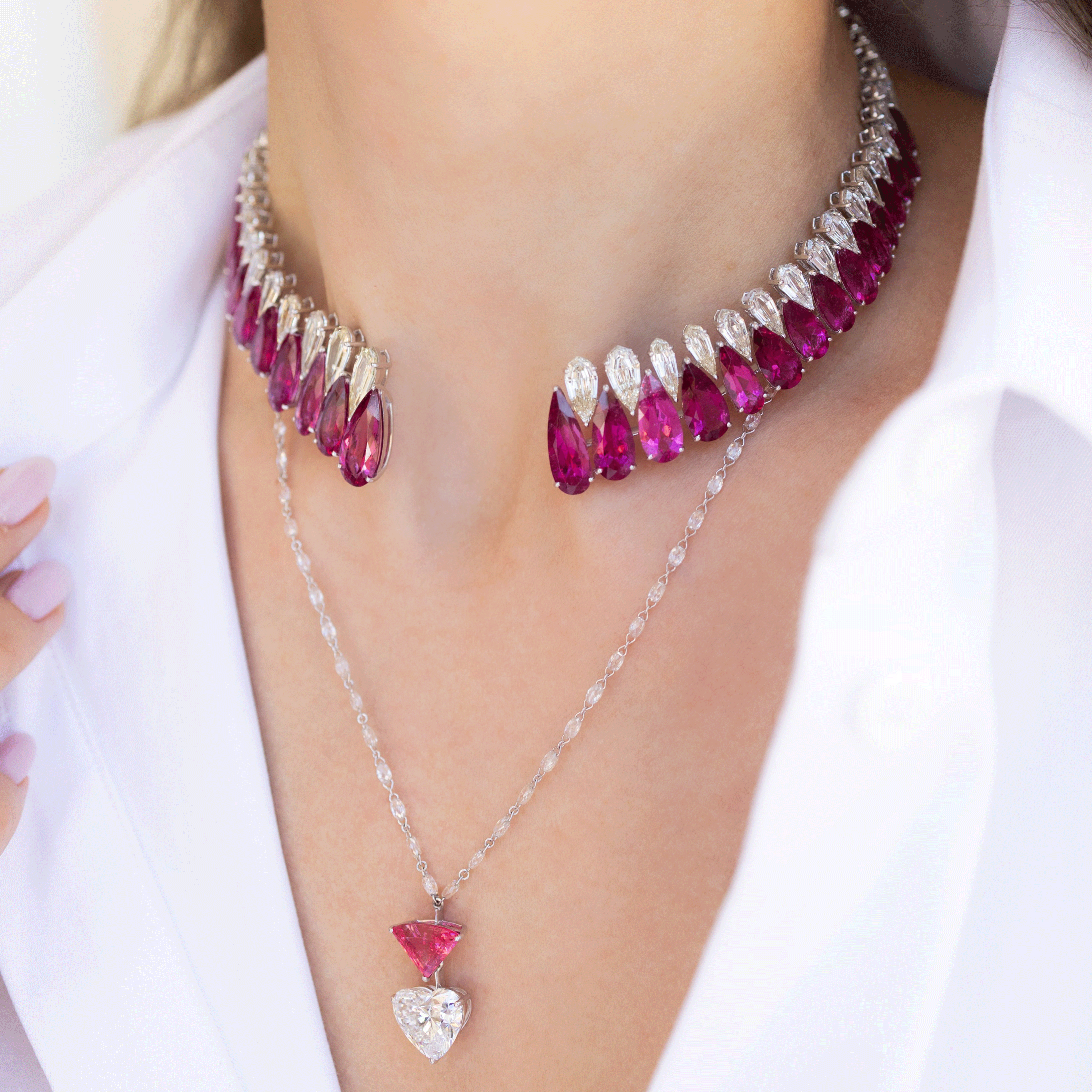 Rose & White Sapphire Multi Cut Two Piece Necklace Set