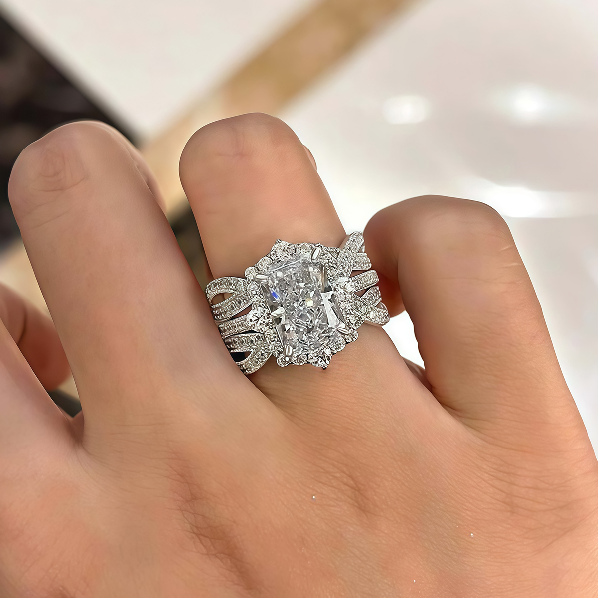 Radiant Cut Ring With Halo Diamond Matching Double Twisted Pave Set Wrap Enhancer Band / 2pcs