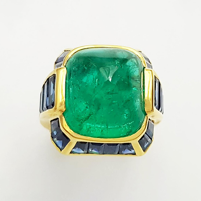 Sapphire Halo 10ct Cabochon Cut Emerald Sapphire Cocktail Ring
