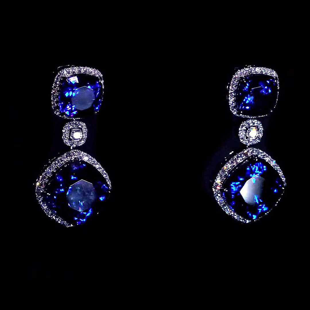 Cushion Cut Blue Sapphire Necklace&Earrings Set/2pcs