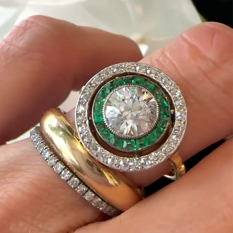 Emerald & White Sapphire Round & Princess Cut Halo Engagement Ring