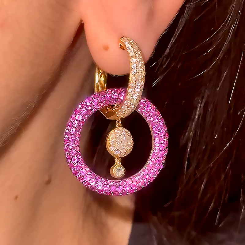 Micro Pave Setting Pink&White Sapphire Hoop Earrings