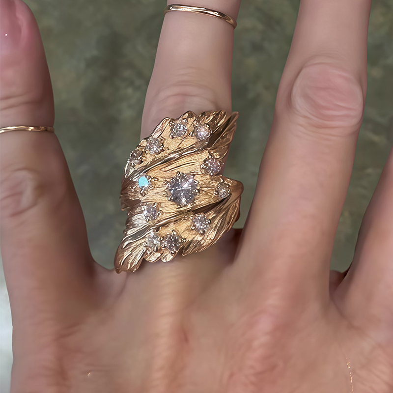 Textured Leaf Cluster Round Cut White Sapphire Band