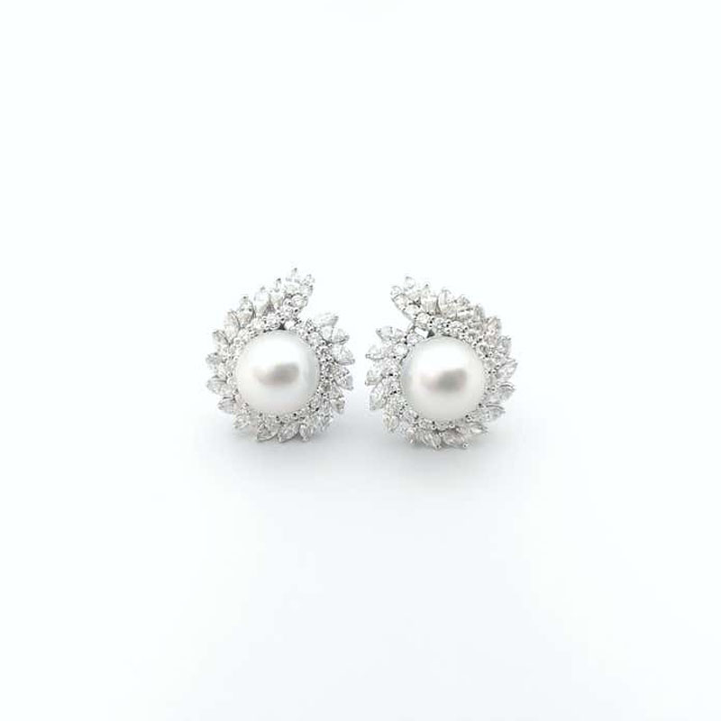 Art Deco Pearl&White Sapphire Stud Earrings