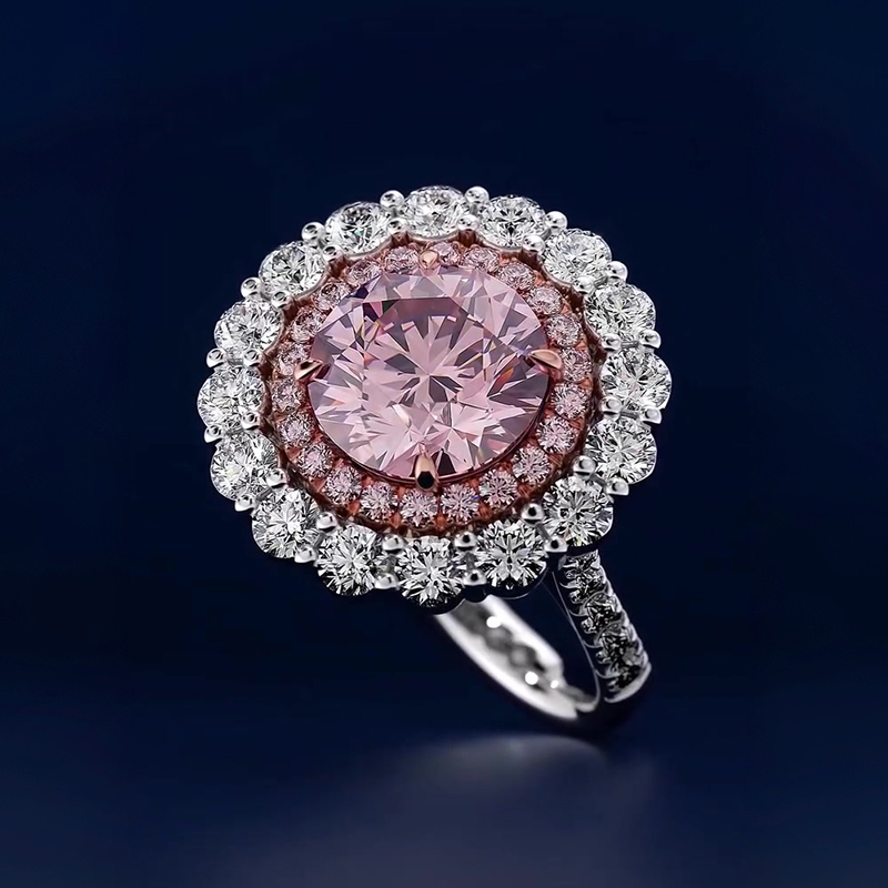 Round Brilliant Cut Pink Sapphire & Double Halo Engagement Ring