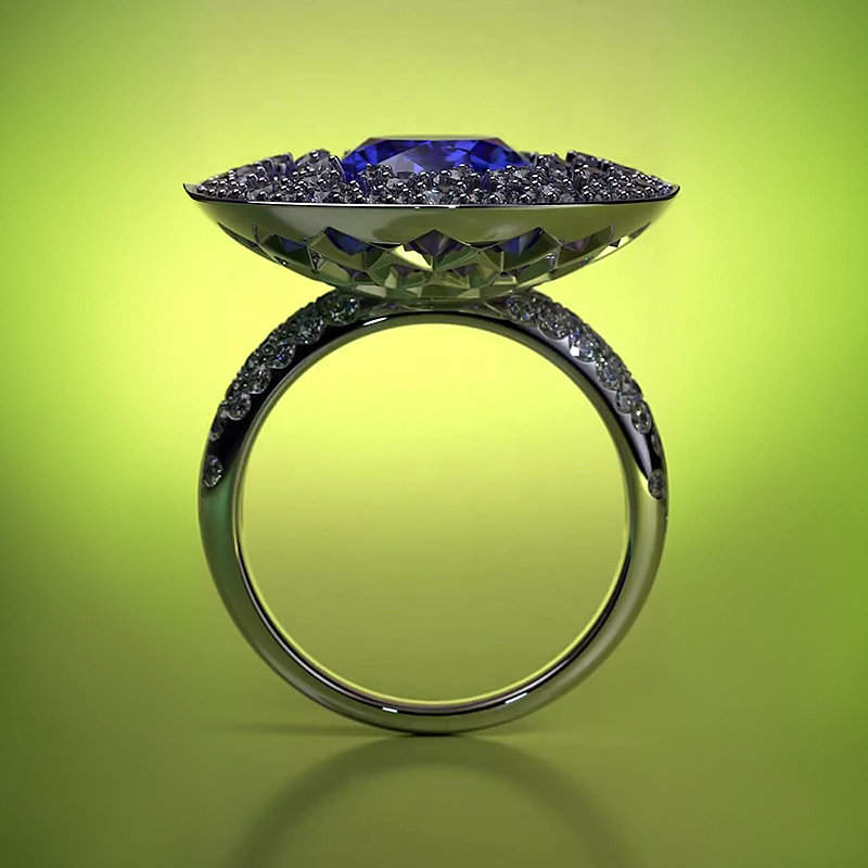 Pave Setting 2ct Oval Cut Blue Sapphire Signet Ring