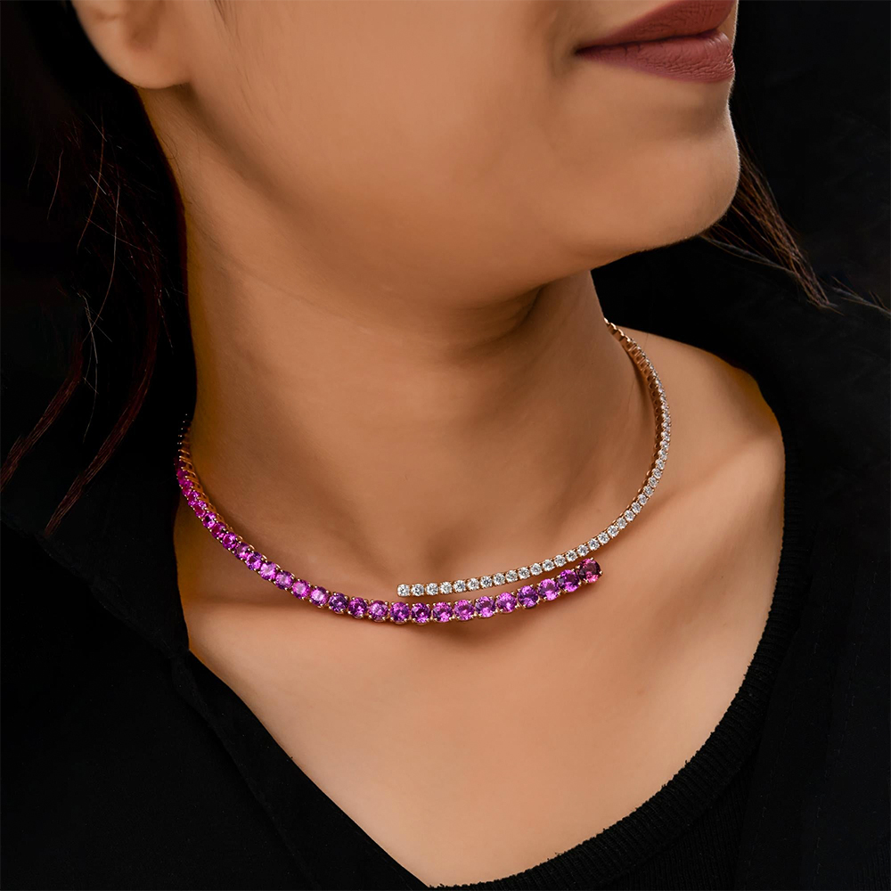 Two Tone Pink&White Sapphire Open Choker Necklace