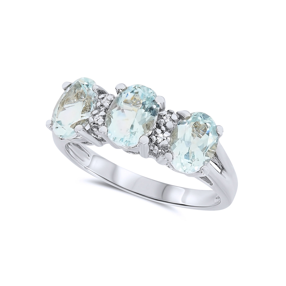 Oval Cut Aquamarine & White Sapphire  Three-Stone Ring