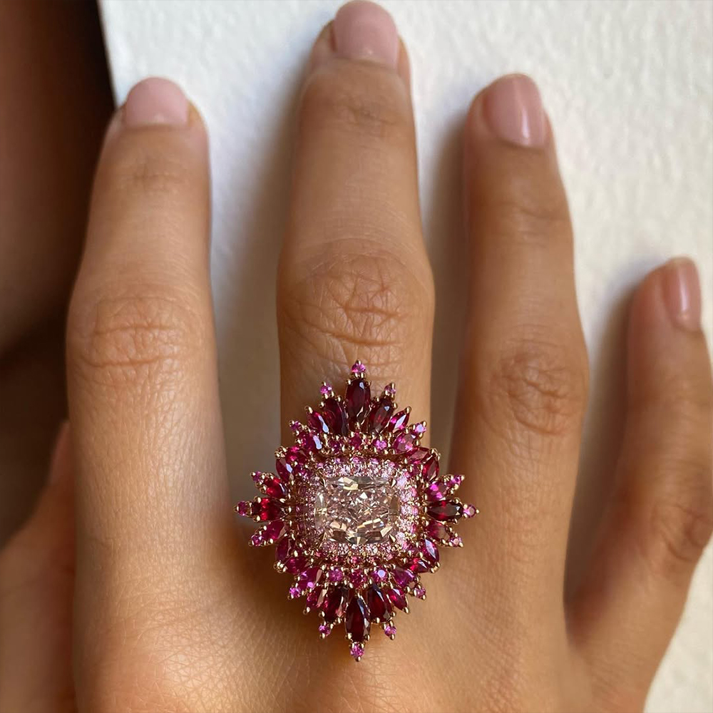 Ruby Halo 8ct Cushion Cut Pink Sapphire Cocktail Ring