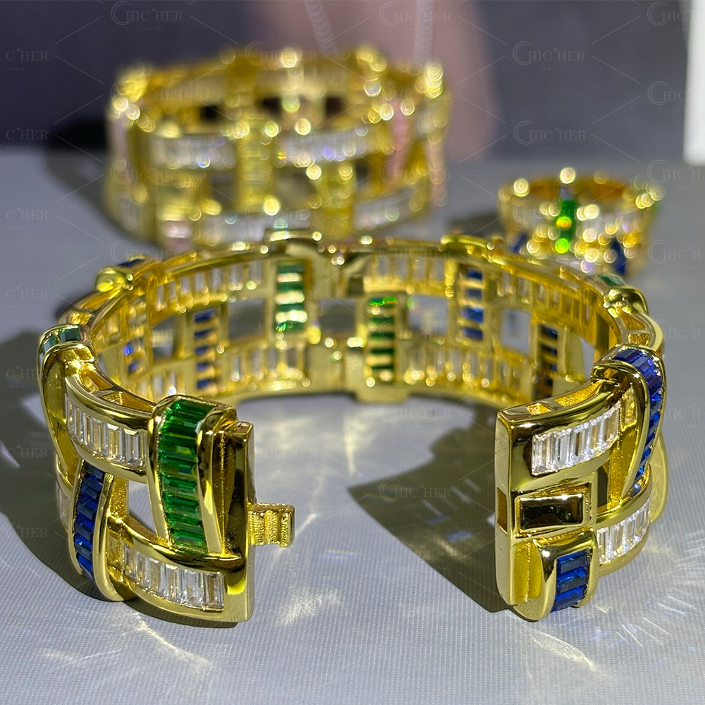 Basket Weave Design Three Tone Gems Jewelry Set/3pcs