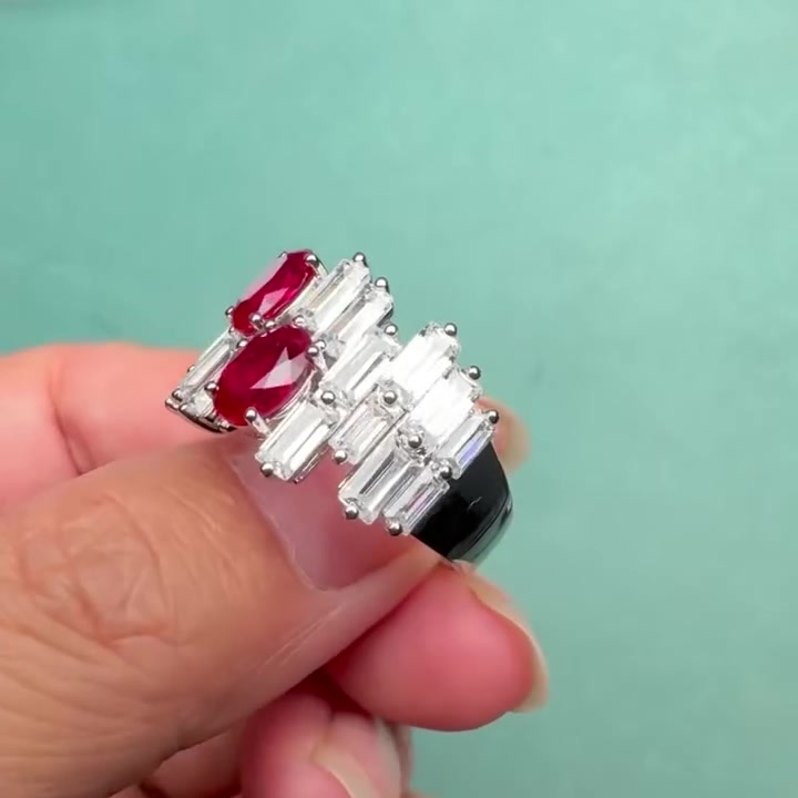 Oval Cut Ruby Sapphire & Baguette Cut White Sapphire Two-Stone Band