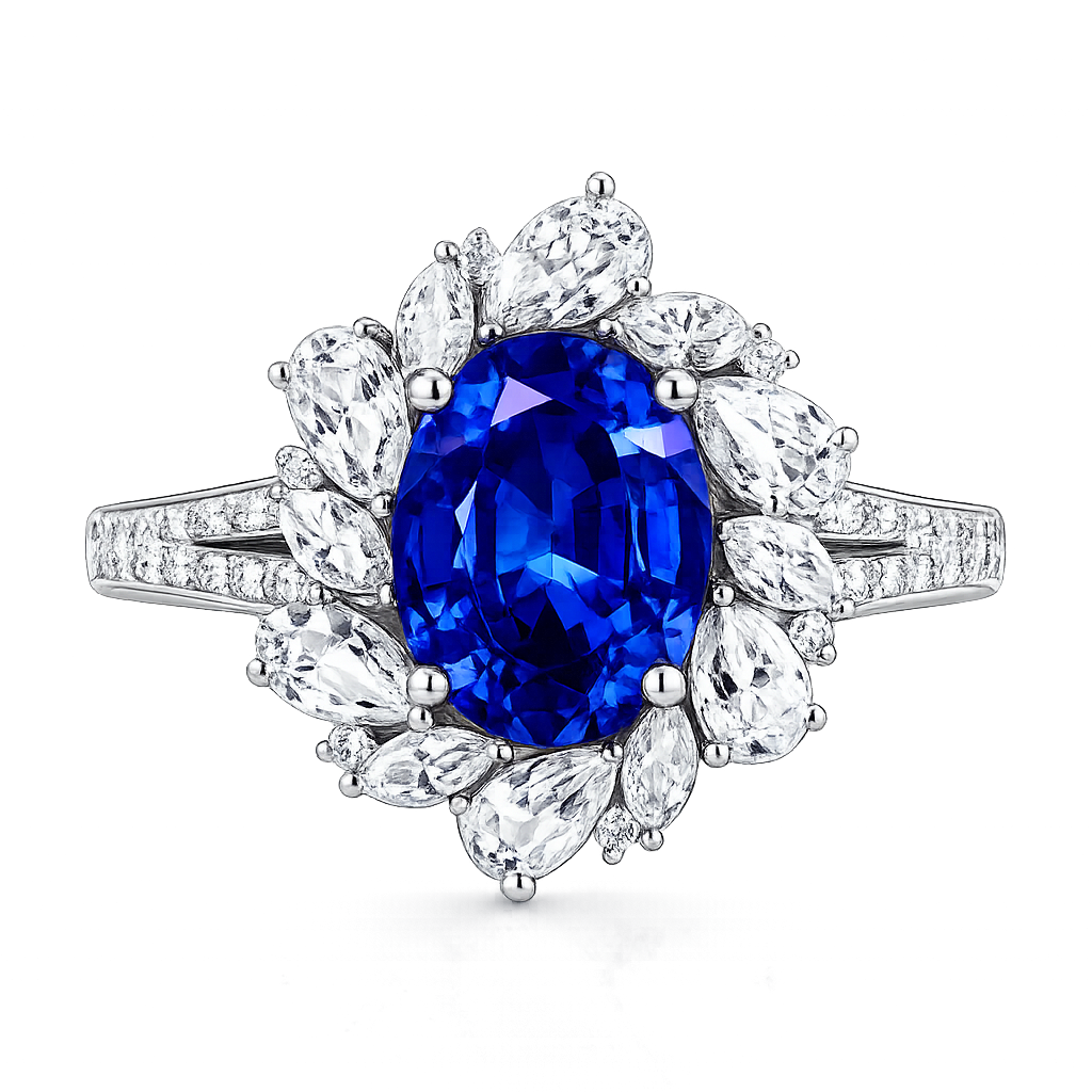 Original Design - 3ct Oval Cut Blue Sapphire & Moissanite Engagement Ring