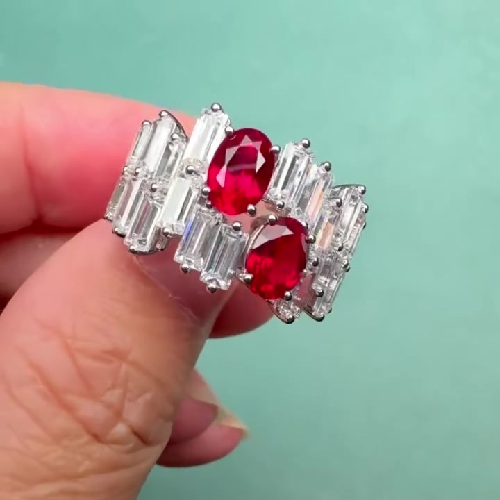 Oval Cut Ruby Sapphire & Baguette Cut White Sapphire Two-Stone Band