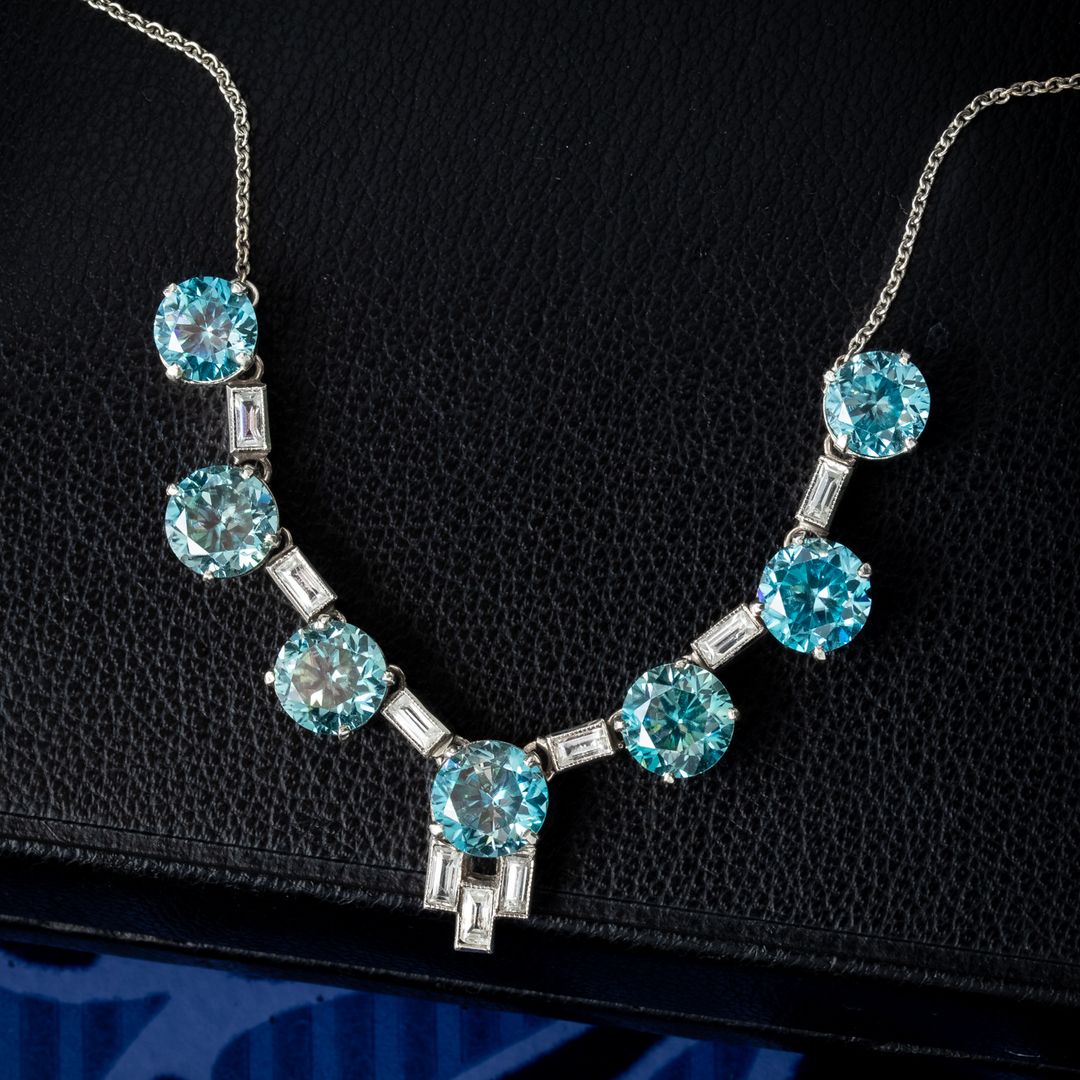 Round & Baguette Cut Aquamarine Sapphire Necklace