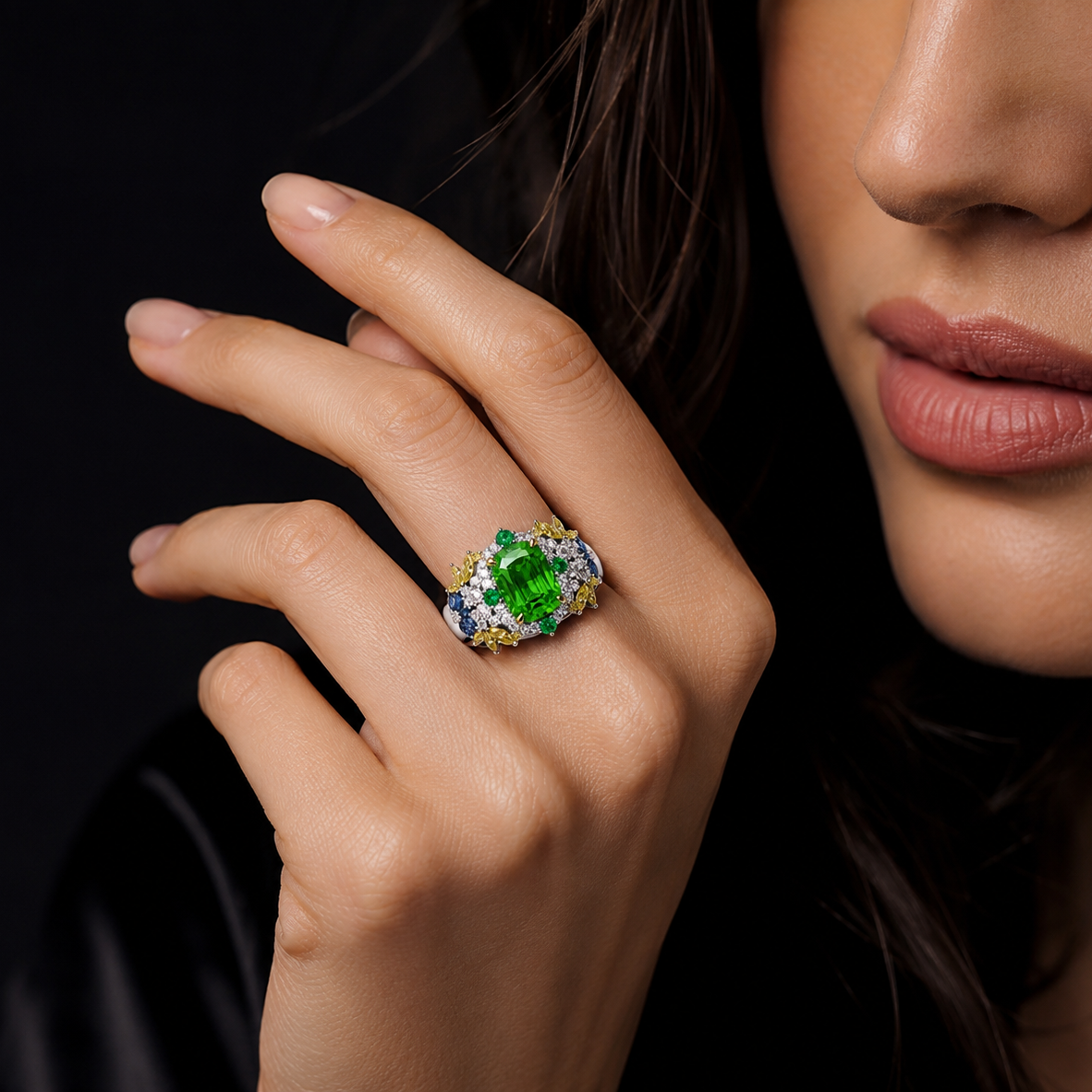 Original Design - Cushion Cut Tsavorite Garden Engagement Ring