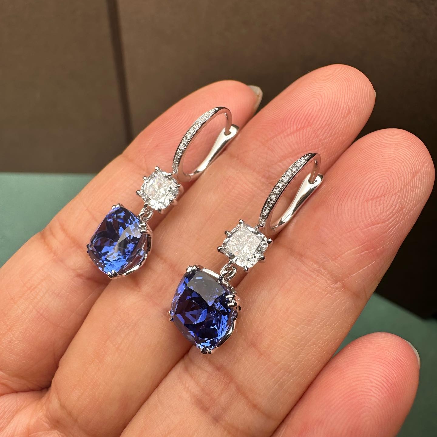 Cushion Cut Blue Sapphire Huggie Drop Earrings