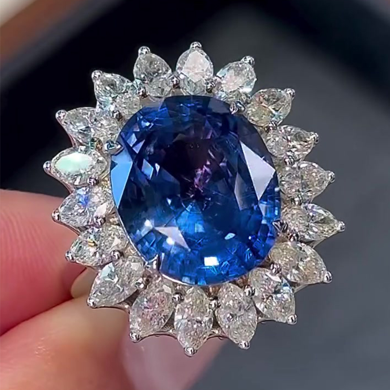 4ct Oval Cut Blue Sapphire Sunflower Engagement Ring