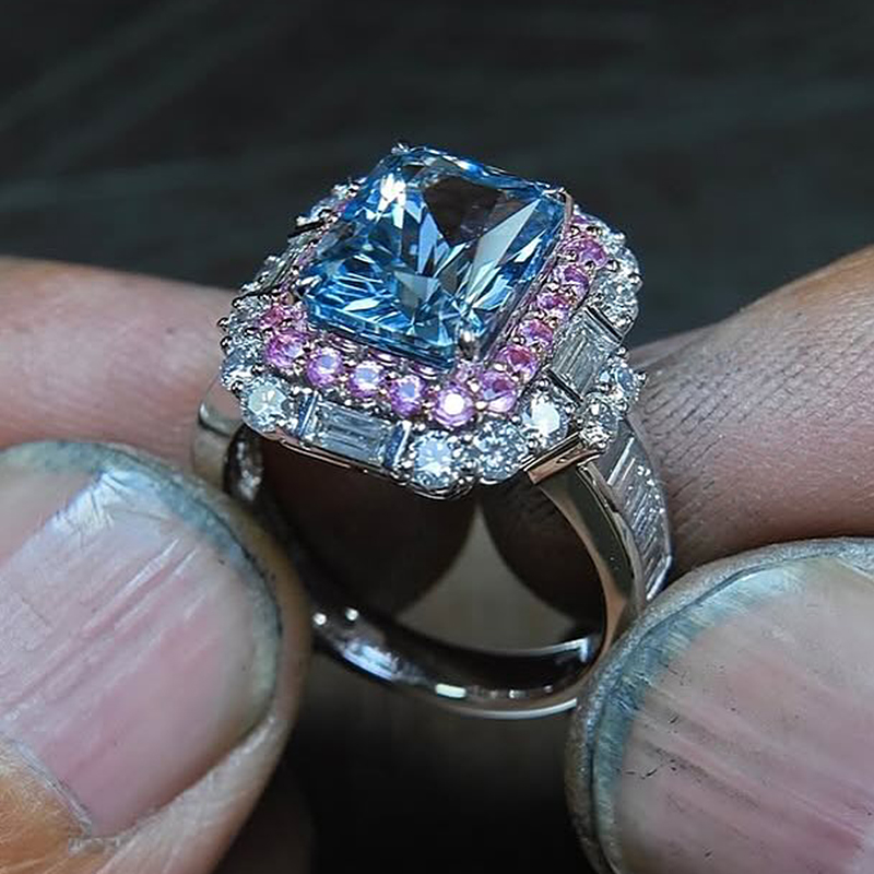 Double Halo 6ct Radiant Cut Light Blue Sapphire Engagement Ring