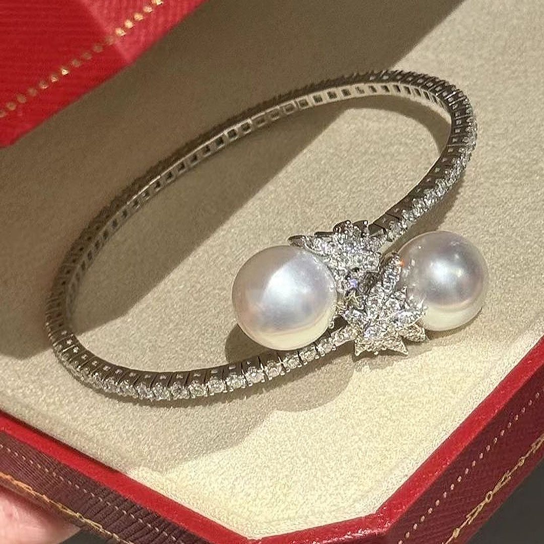Open Design Marquise Cut White Sapphire Bracelet With Pearl
