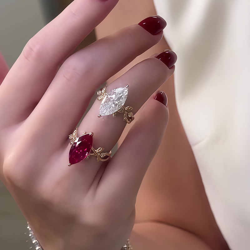 3ct Marquise Cut Ruby&White Hidden Halo Floral Ring