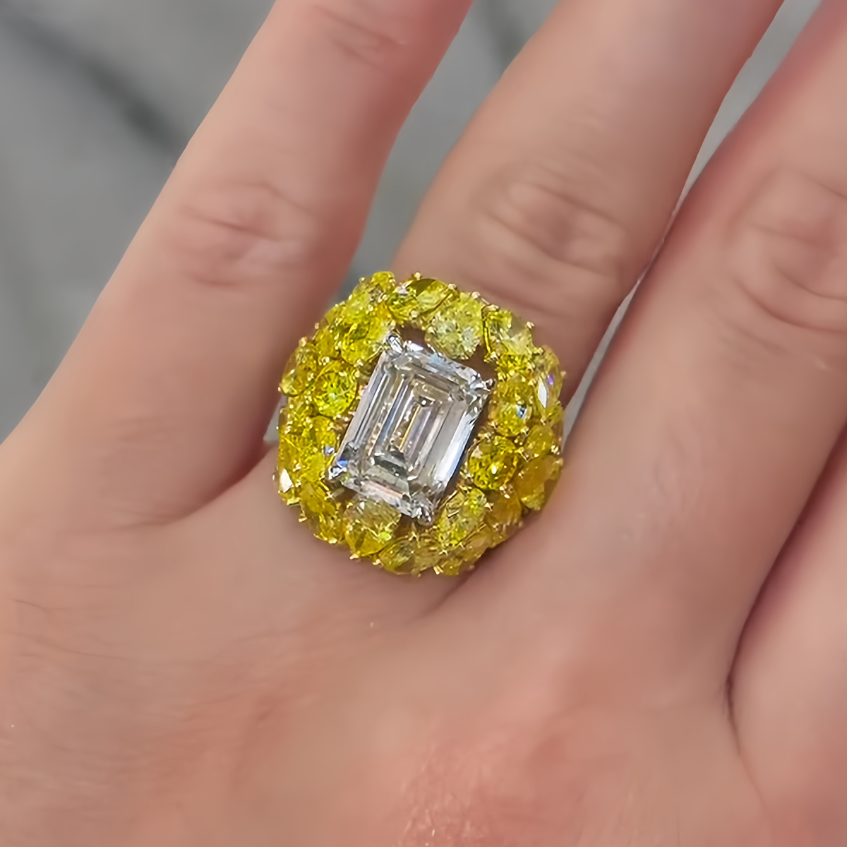 3ct Emerald Cut White Sapphire & Round Cut Yellow Sapphire Ring