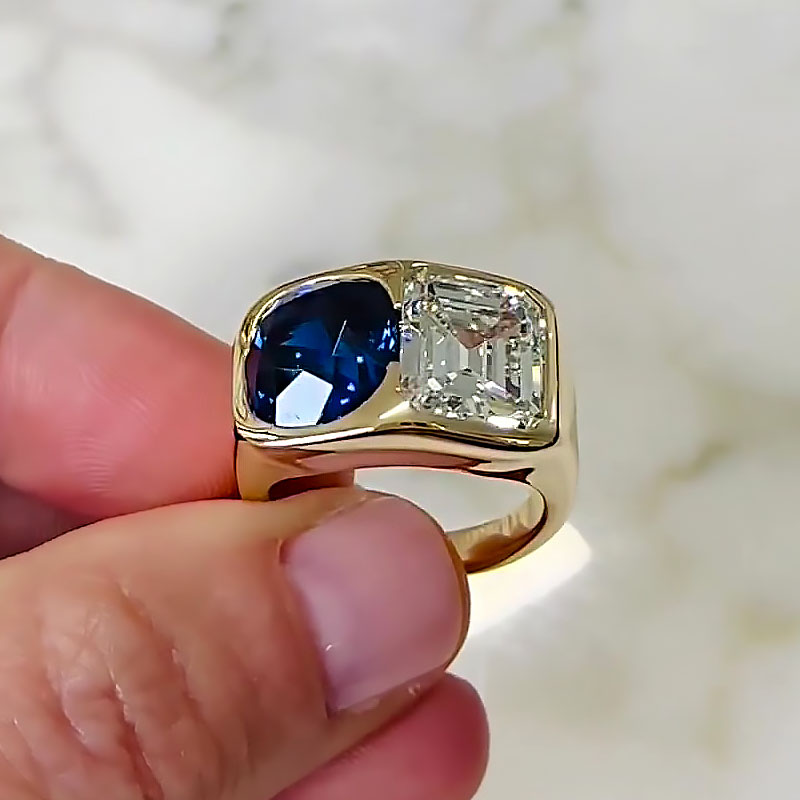 6.25ct Cushion&Emerald Cut Blue&White Sapphire Engagement Ring