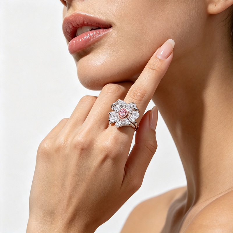 Fashion 2.75ct Oval Cut Pink Sapphire Pave Multi-Cut 3D Flower Engagement Ring