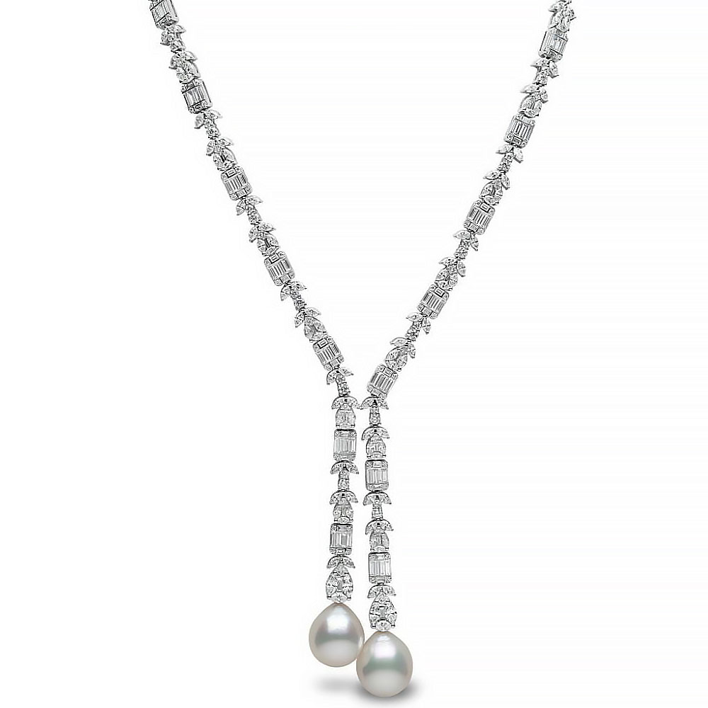Multi-cut Pearl&White Sapphire Lariat Necklace