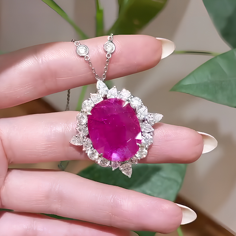 Ruby Sapphire Halo Pendant Necklace