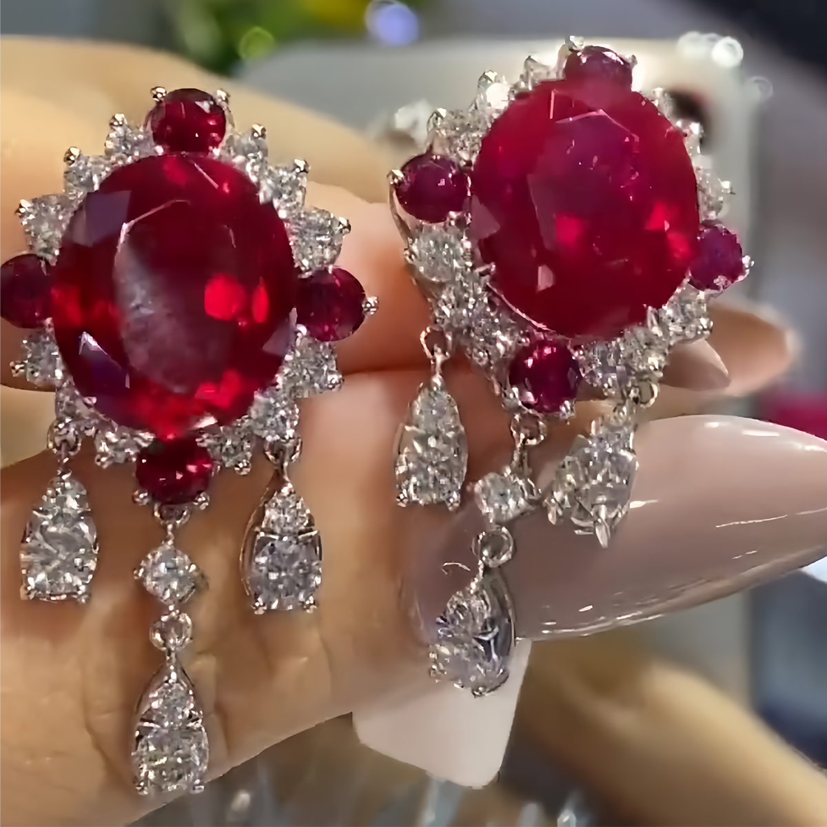 Oval Cut Ruby & White Sapphire Pendant Earrings