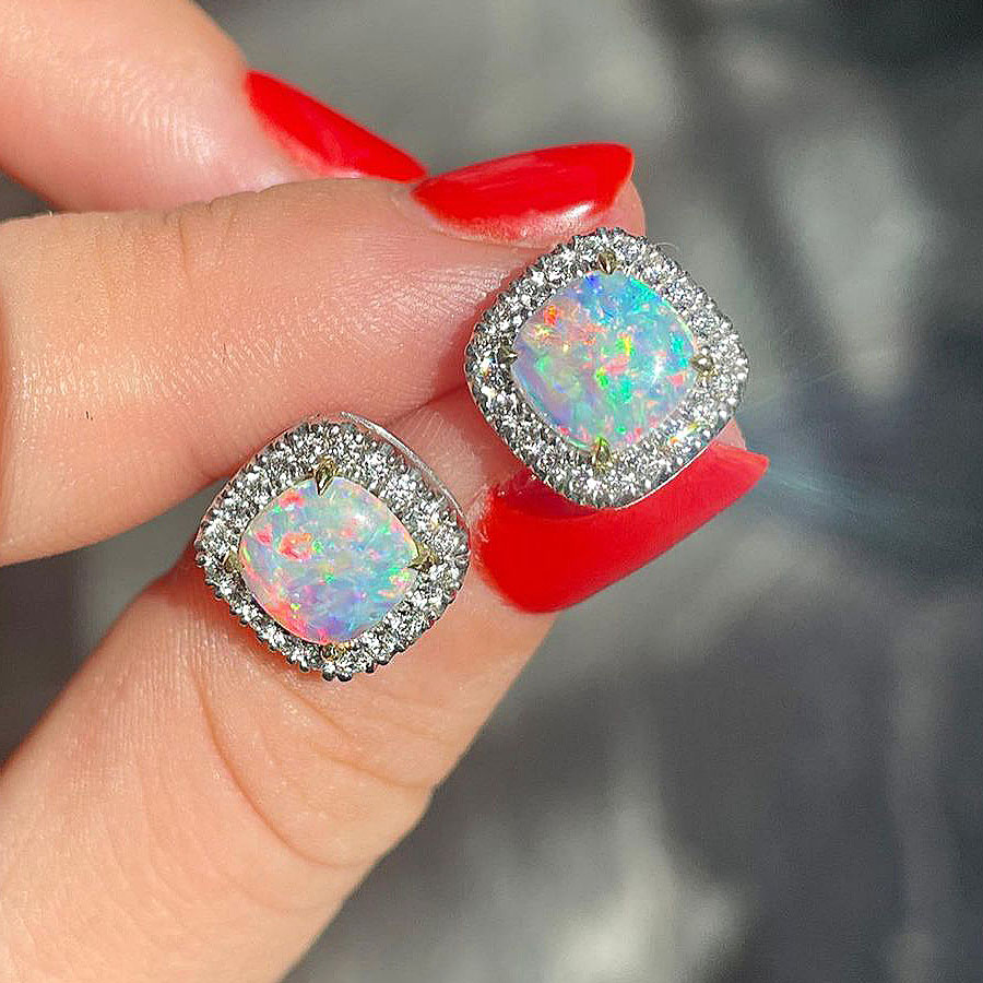 Cushion Cut Opal Sapphire Stud Earrings