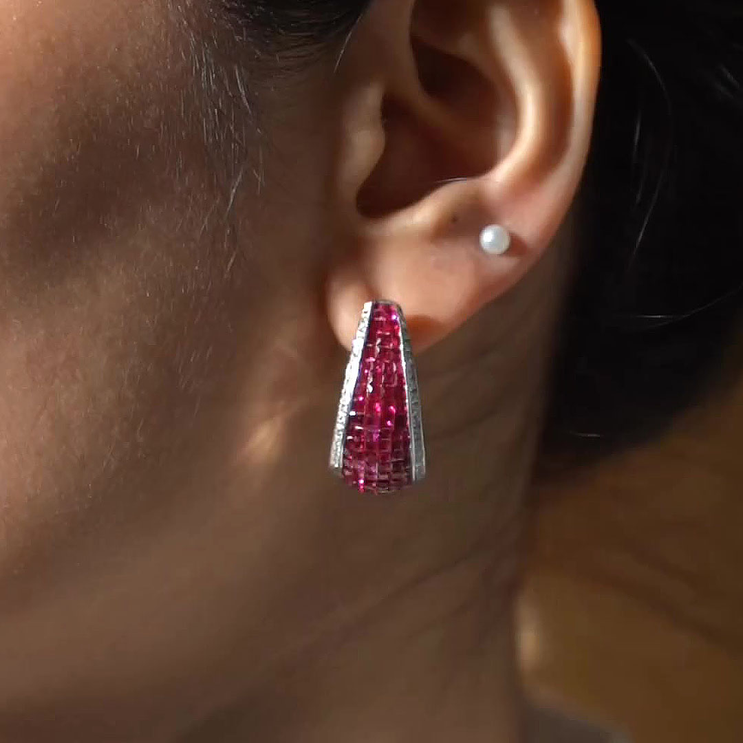 Invisible Setting Princess Cut Ruby Sapphire Hoop Earrings