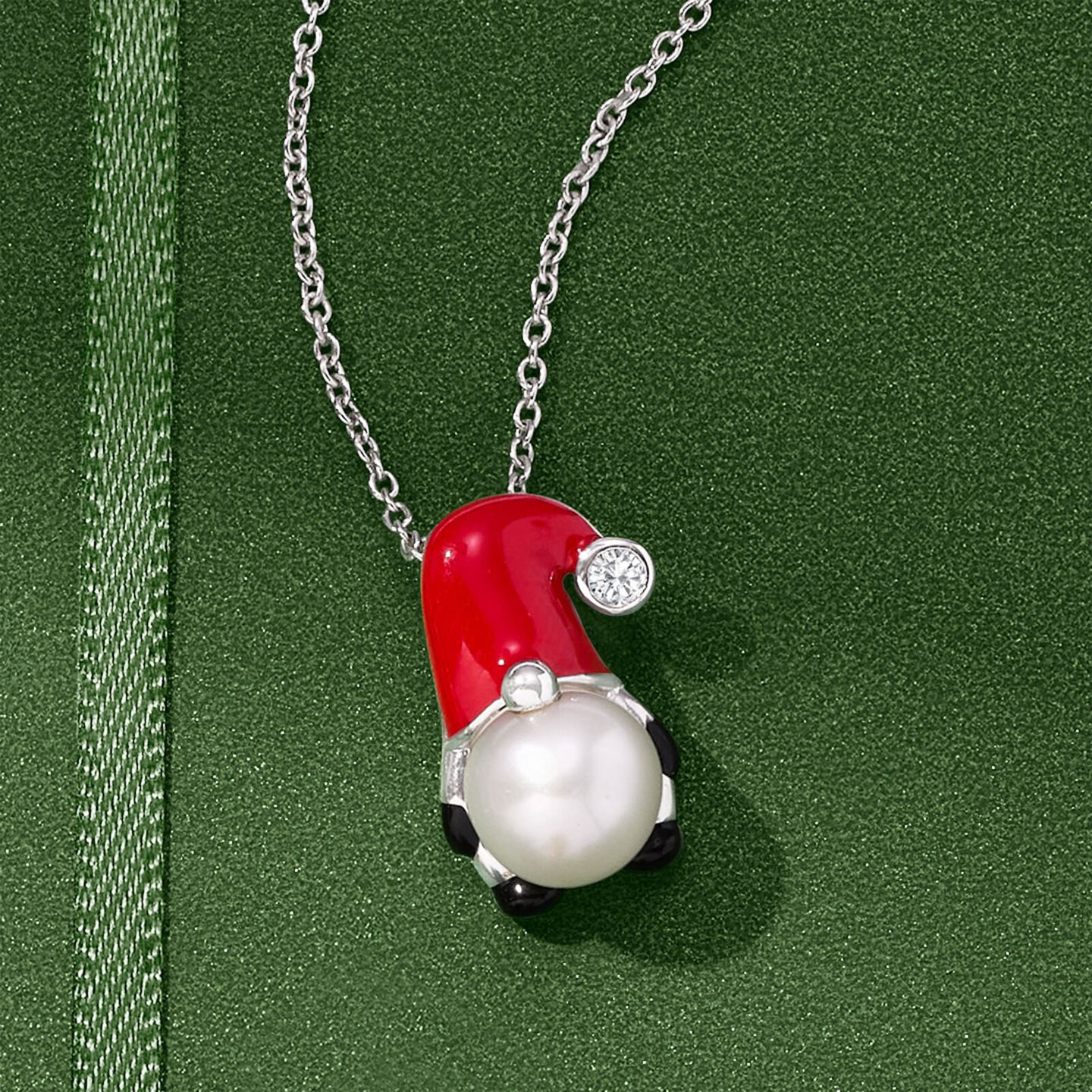Pearl And Diamond Santa Gnome Pendant Necklace
