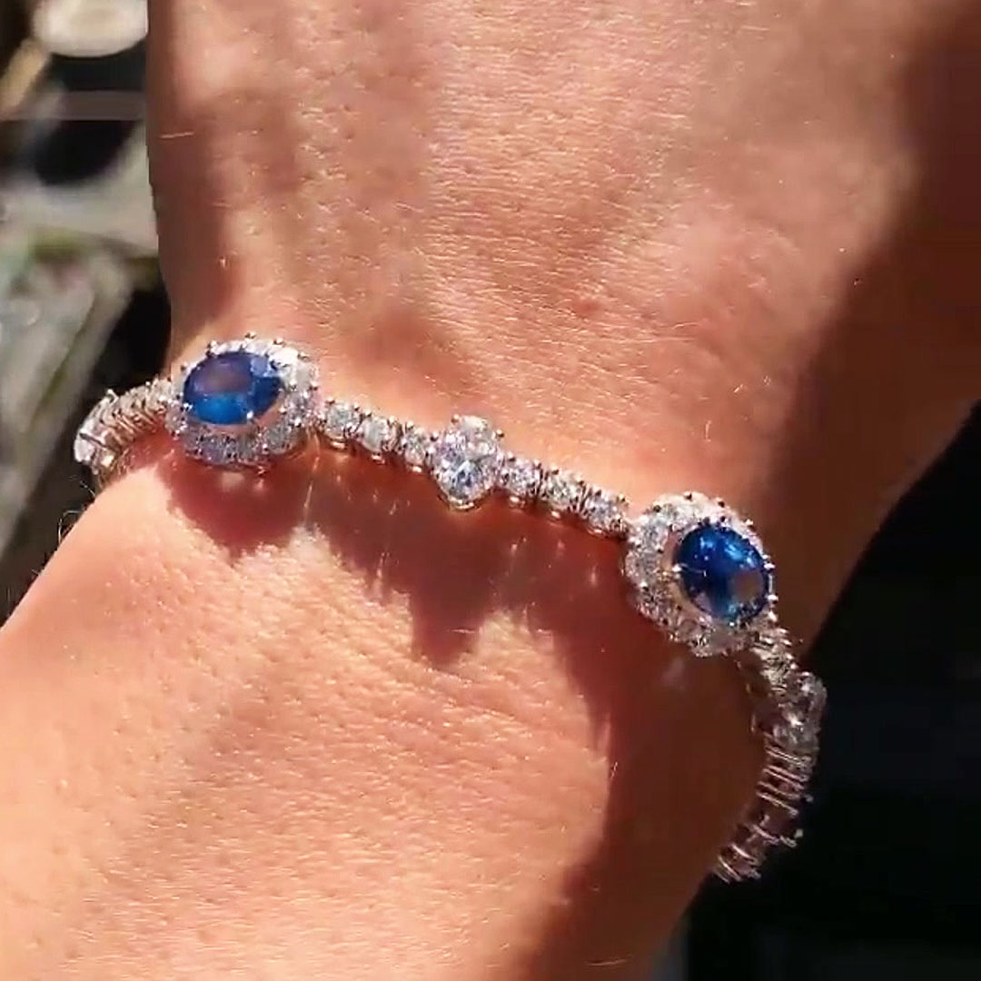 Oval&Round Cut Two-tone Sapphire Chain Bracelet