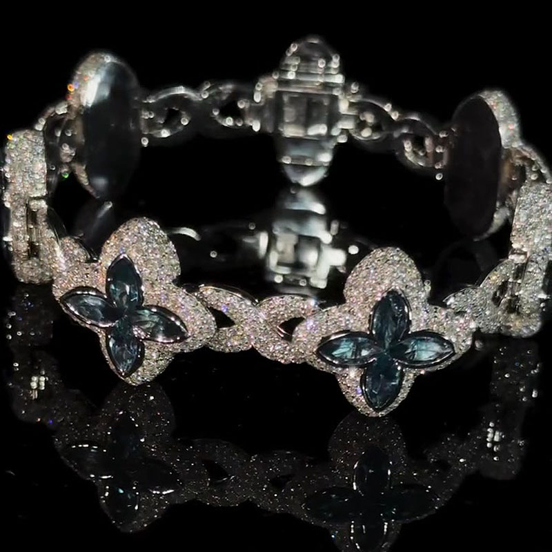 Men Marquise Cut Blue Sapphire Lucky Four Leaf Clover Bracelet